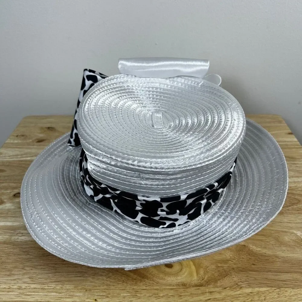Regalia Womens Church Hat White Satin Ribbon Cow Print Bow Rhinestone Pillbox